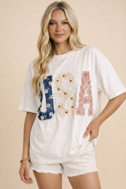 Mixed-Media Studded USA Graphic Tee