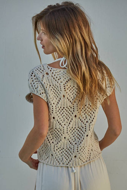 W2030 | Knit Sweater Cotton Crochet V-Neck Cap Sleeve Top