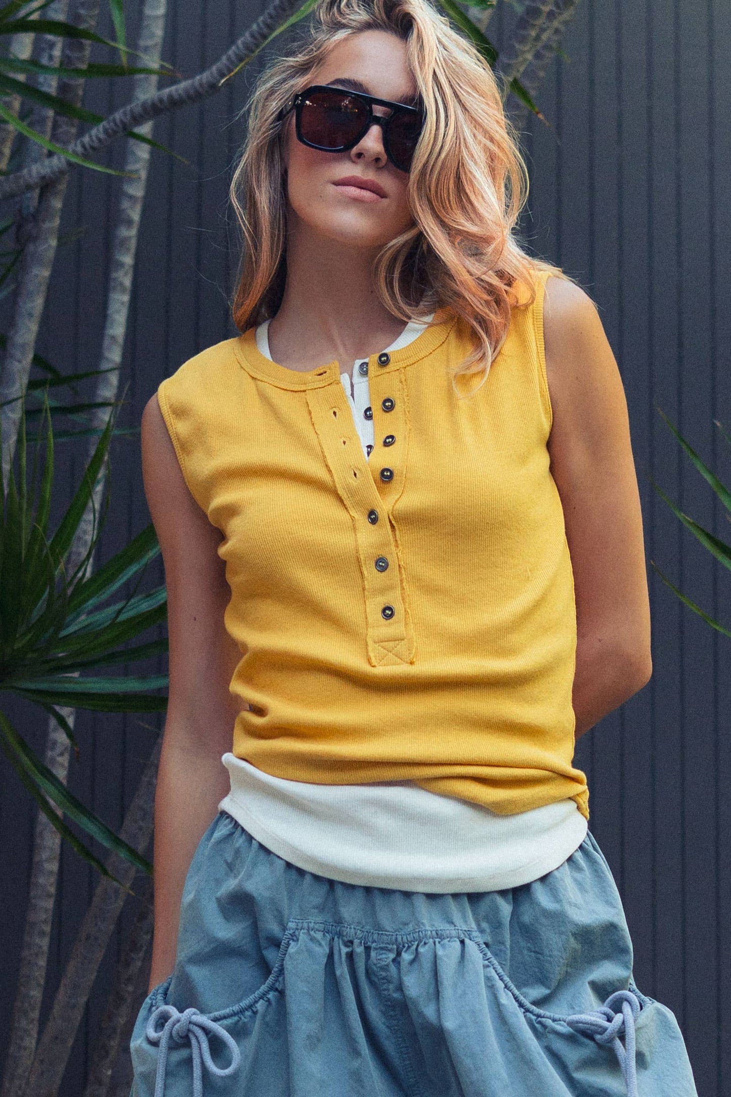 Raw Edge Ribbed Henley Tank