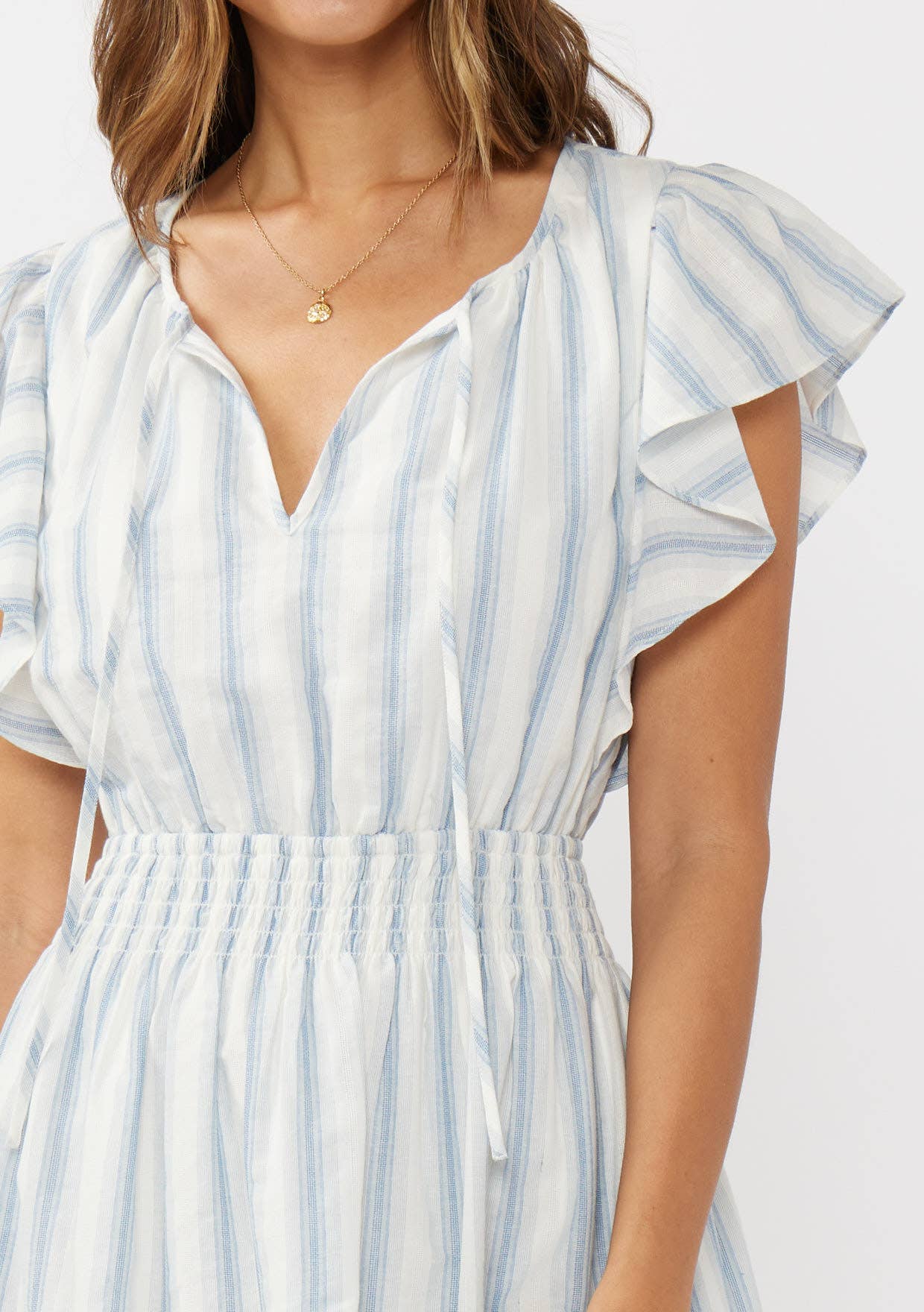 Ruffle Sleeve Split-Neck Smocked Waist Midi Dress