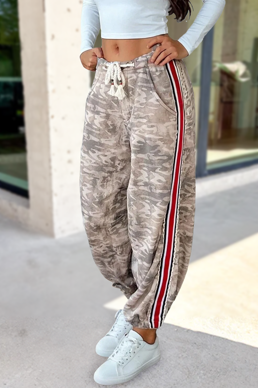 Camo Print Striped Side Drawstring Pants