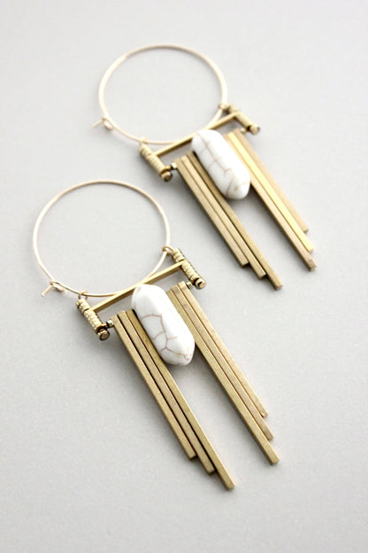 white and brass art deco hoop earrings