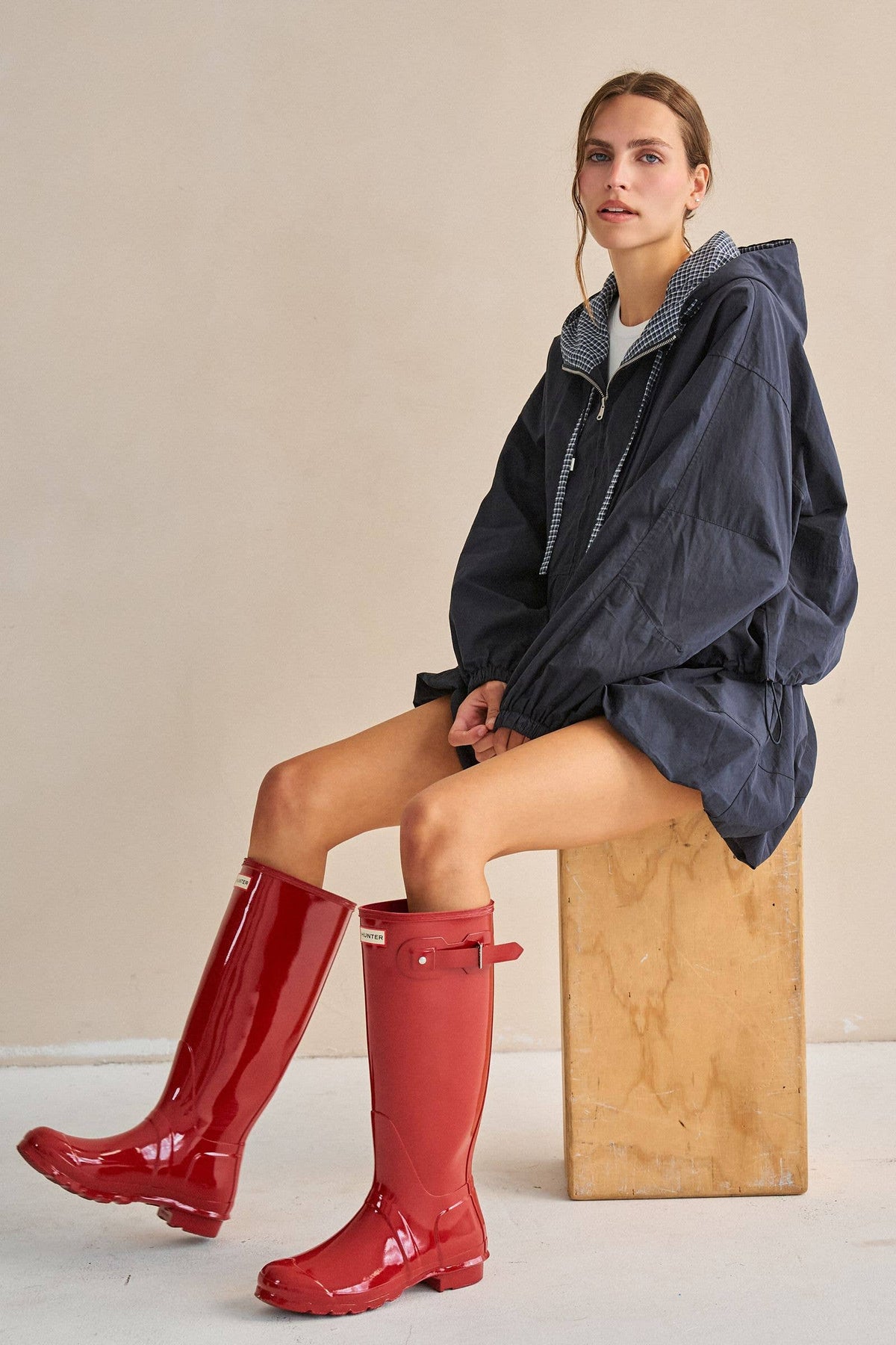 DRAWSTRING GINGHAM HOODED JACKET