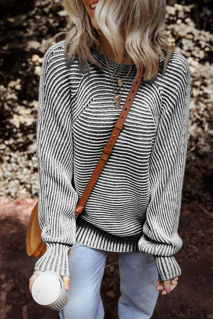 Dahlia Striped Print Ribbed Knit Boat Neck Baggy Sweater