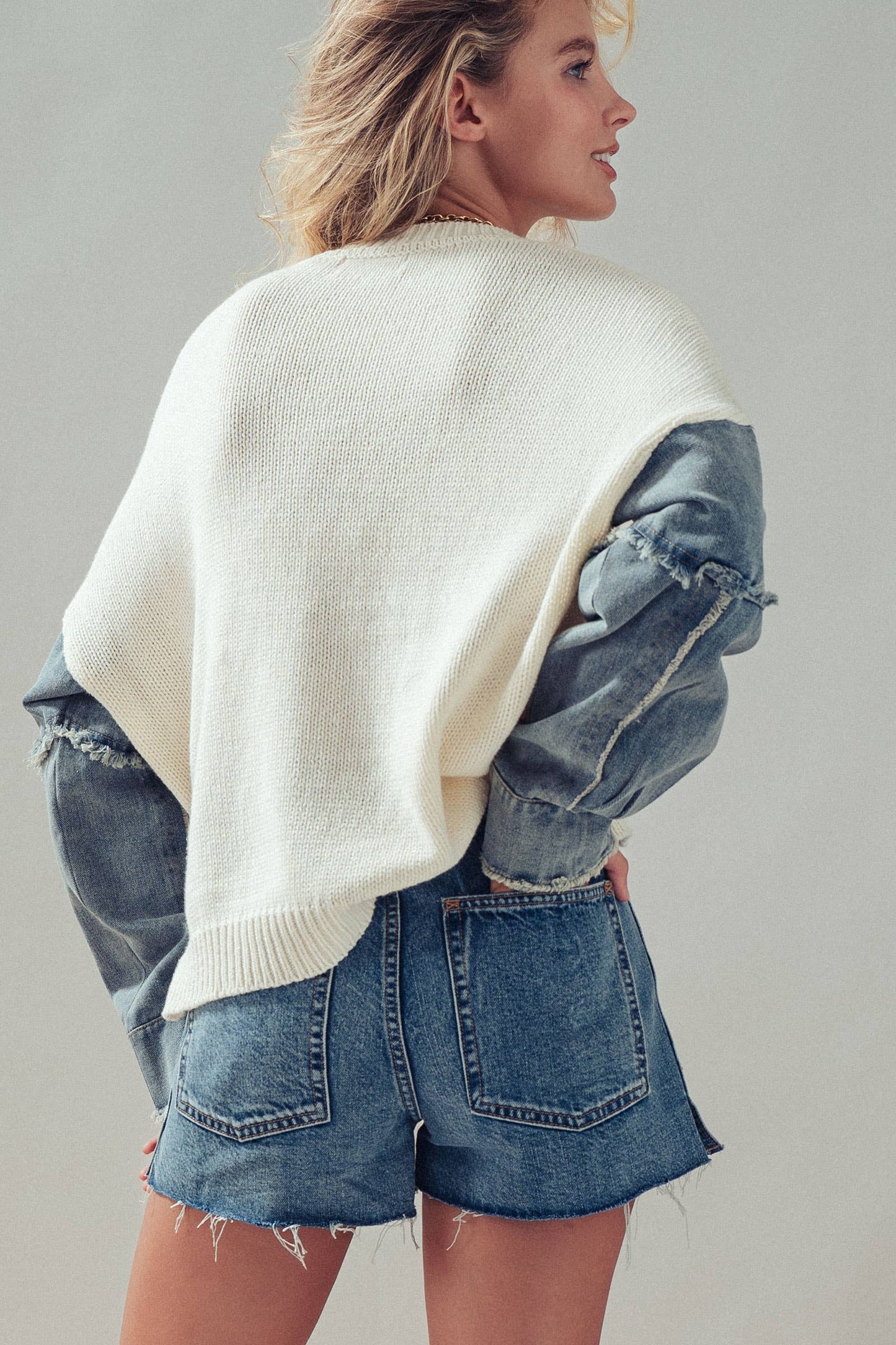 American Flag Mixed Media Denim Sleeve Sweater