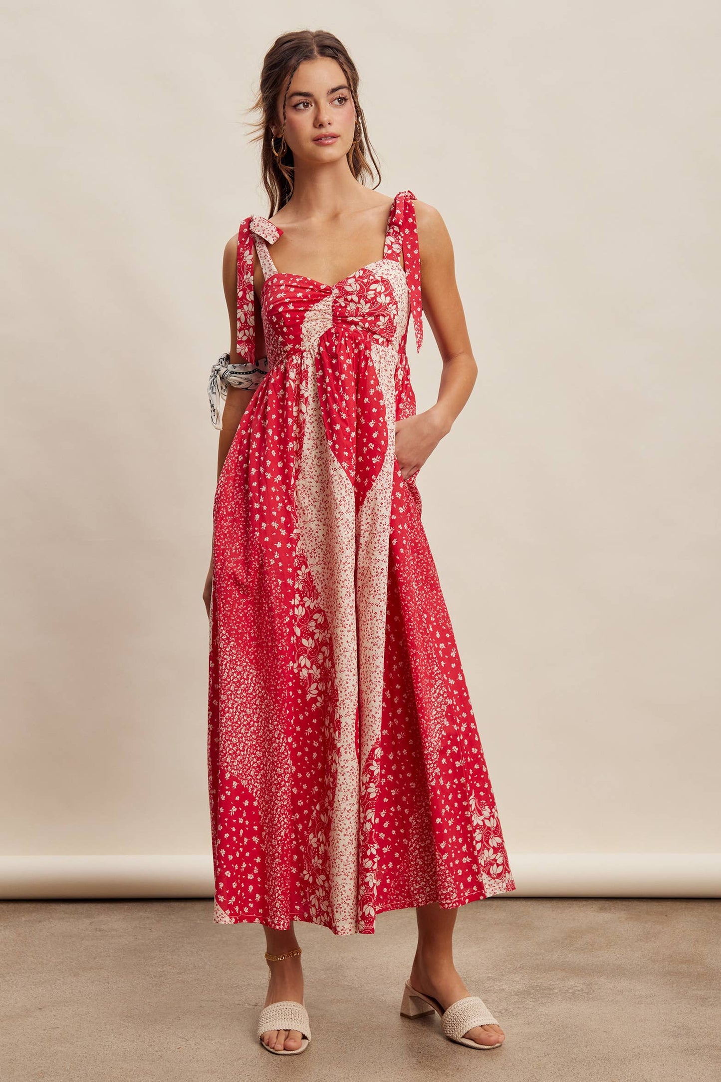 Patchwork Tie Strap Cotton Maxi Dress LD1625