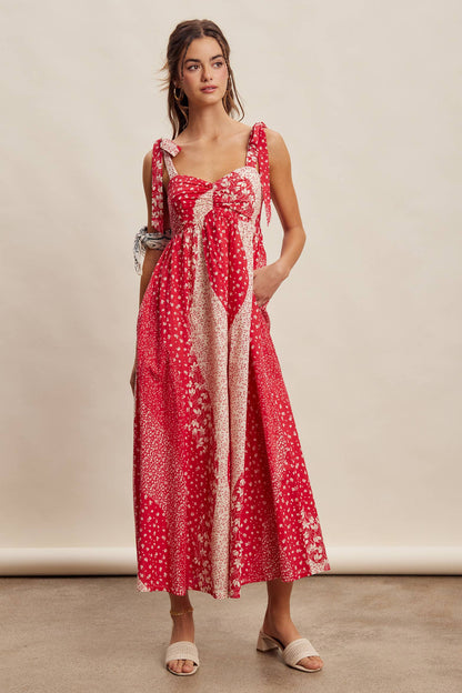 Patchwork Tie Strap Cotton Maxi Dress LD1625