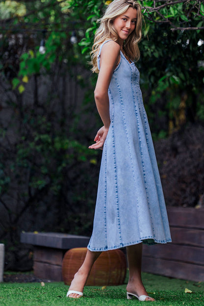 Panelled Denim Midi Dress Exposed Back Zipper