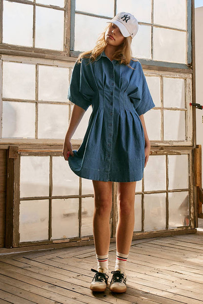 Tailored Waist Short Sleeve Denim Shirtdress