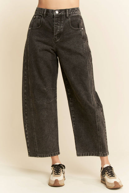 PATCH POCKET WIDE LEG CULOTTE DENIM BARREL PANTS