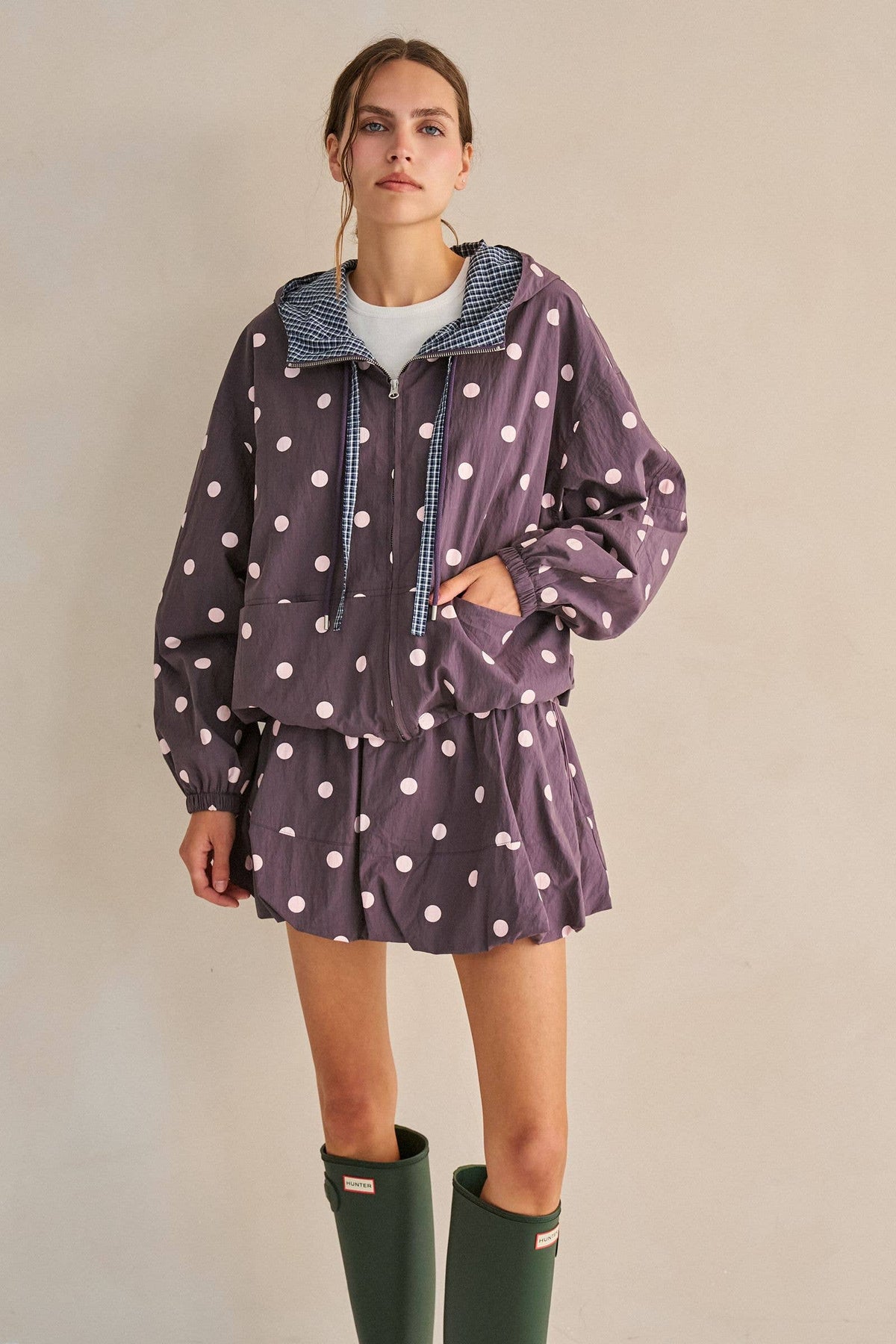 POLKA DOT DRAWSTRING HOODED JACKET