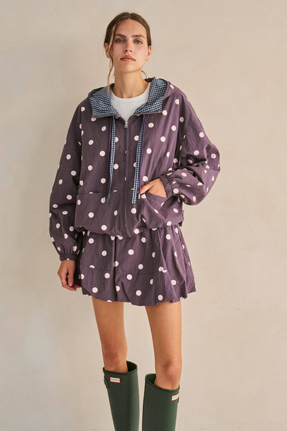 POLKA DOT DRAWSTRING HOODED JACKET