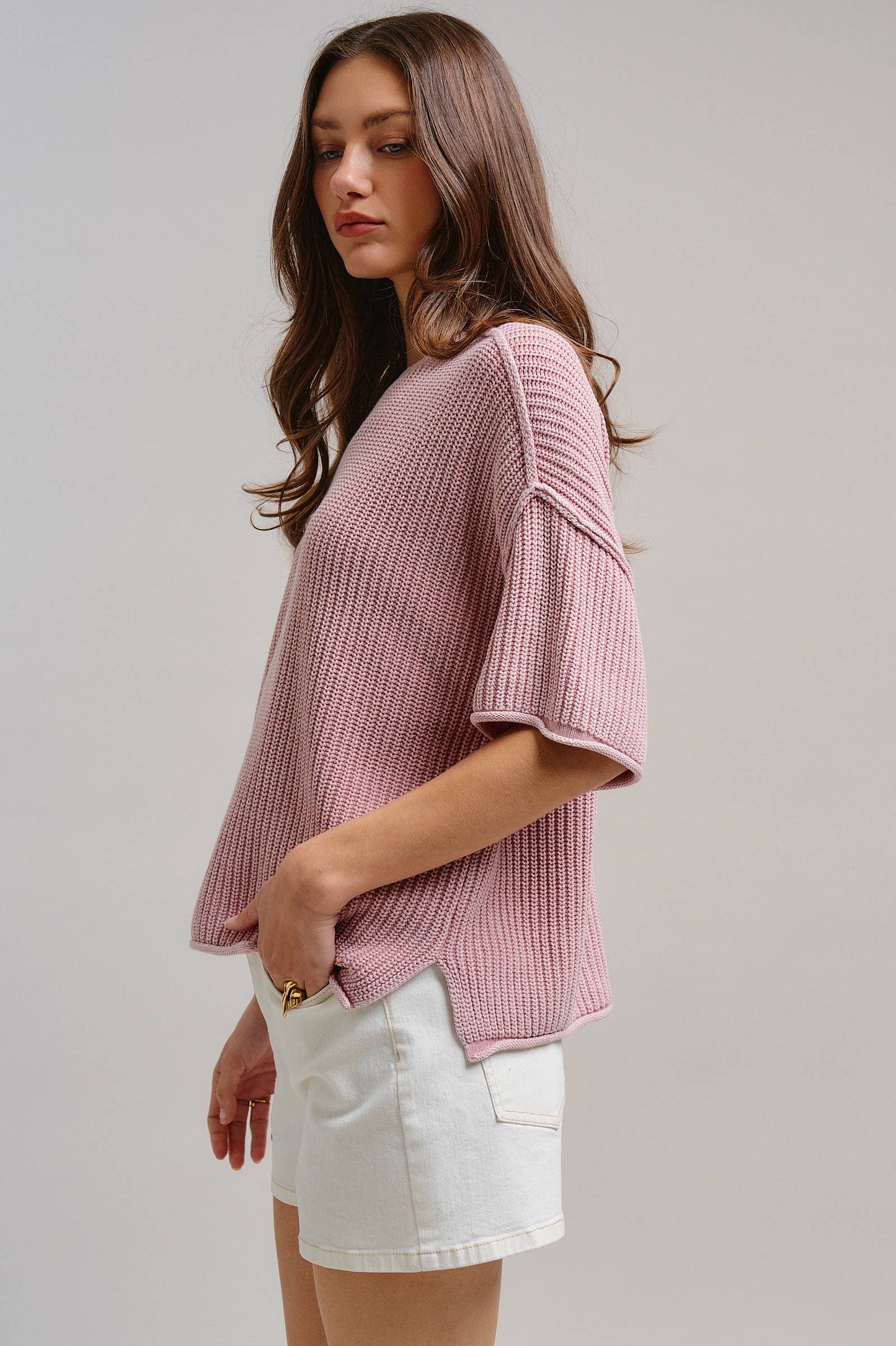 Mineral Wash Exposed Seam Short Sleeve Sweater