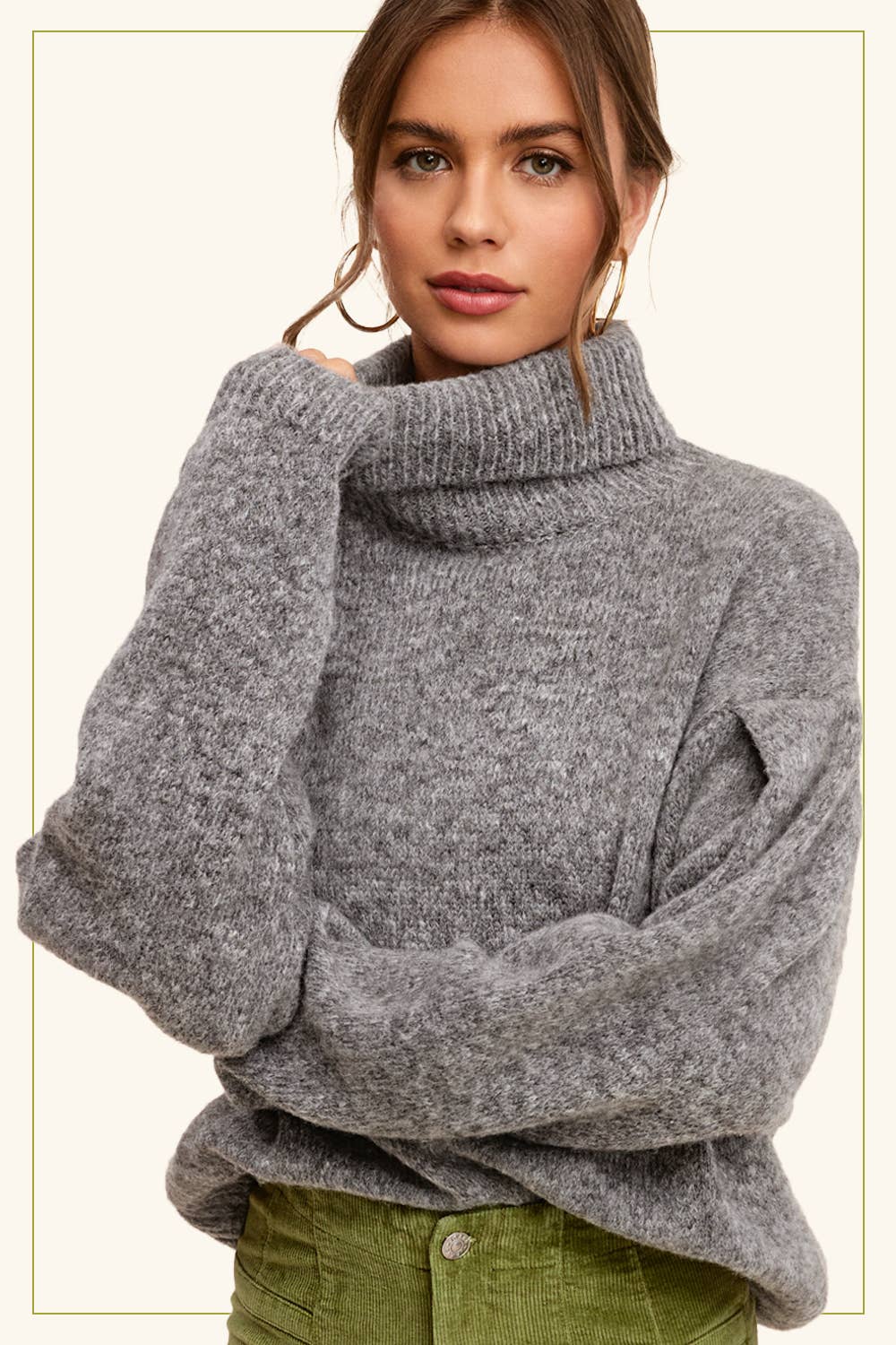 MCS3567-Loose Fit Turtleneck Pin-tuck Long Sleeve Sweater