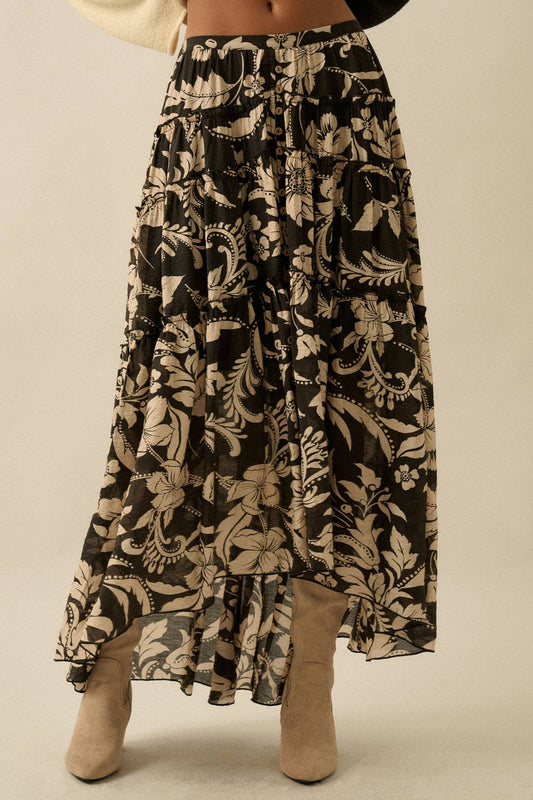 Floral-Print Buttoned Tiered Ruffle Maxi Skirt