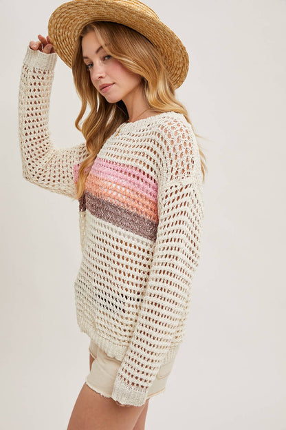 COLOR BLOCK OPEN KNIT SWEATER PULLOVER WITH NO LINIG