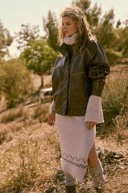 Faux Leather Piping-Trimmed Zip-Up Jacket