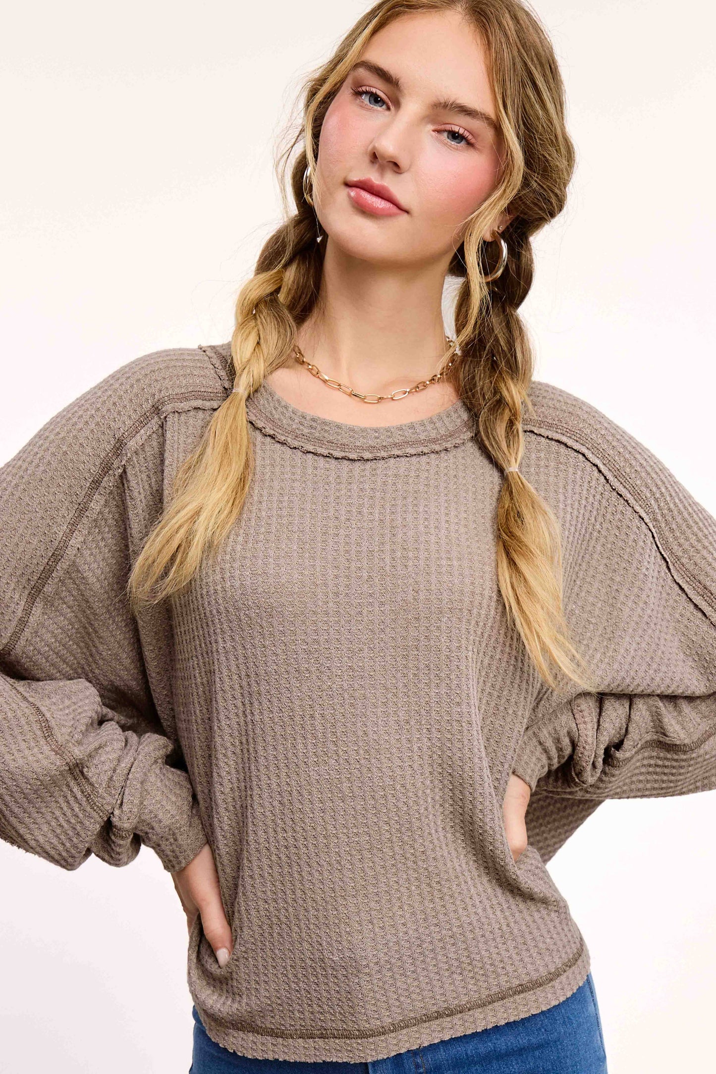 HAT7565-Brushed Waffle Fabric Loose Fit Long Sleeve Top