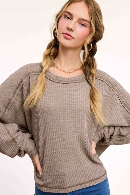 HAT7565-Brushed Waffle Fabric Loose Fit Long Sleeve Top