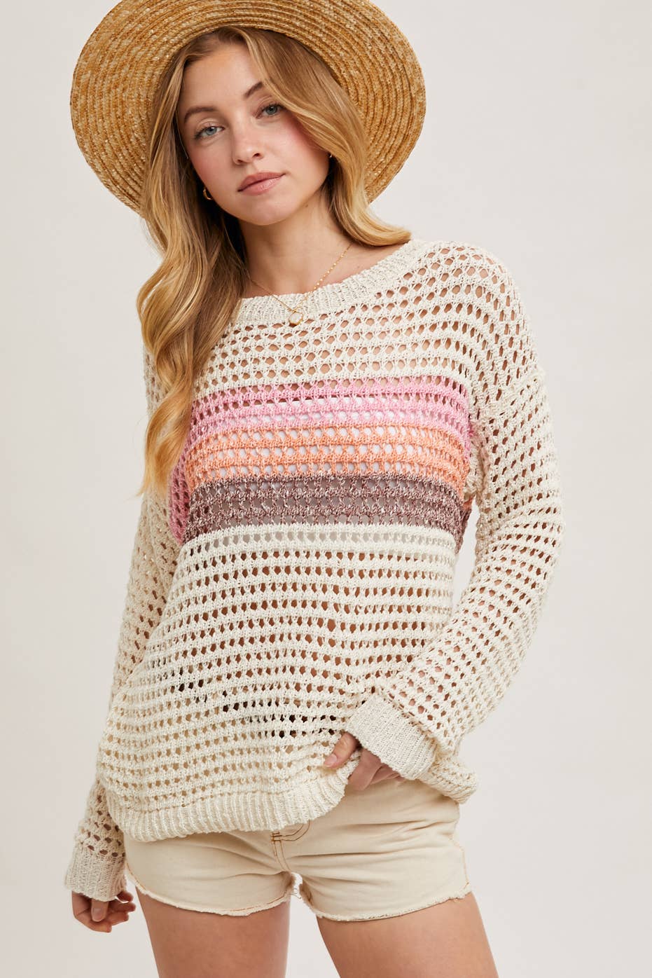 COLOR BLOCK OPEN KNIT SWEATER PULLOVER WITH NO LINIG