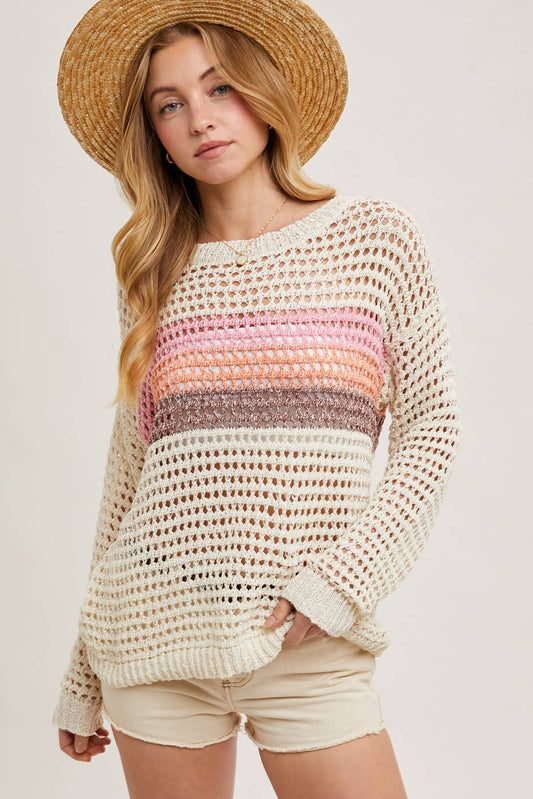 COLOR BLOCK OPEN KNIT SWEATER PULLOVER WITH NO LINIG