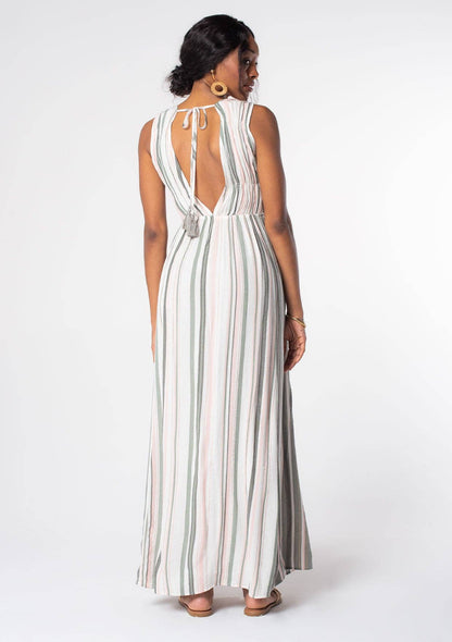 Striped Sleeveless V Neck Maxi Dress