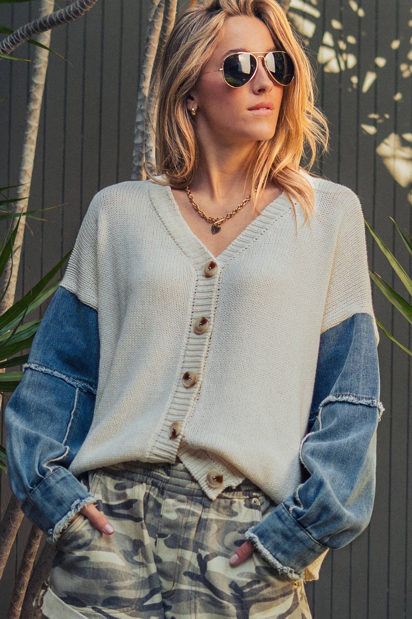 Mixed Media Flag Denim Sleeve Cardigan