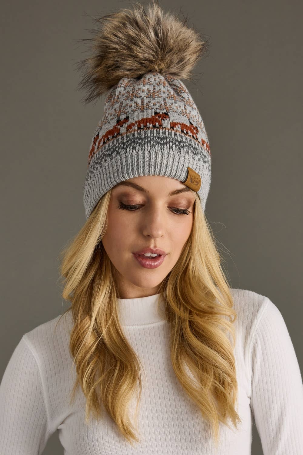 Gray Fox Pattern Pom Hat