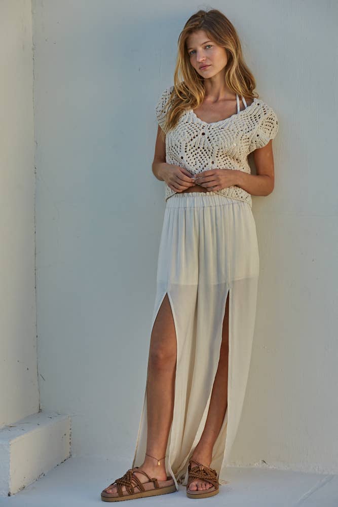 W2030 | Knit Sweater Cotton Crochet V-Neck Cap Sleeve Top