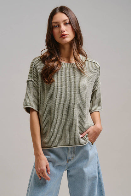 Mineral Wash Exposed Seam Short Sleeve Sweater