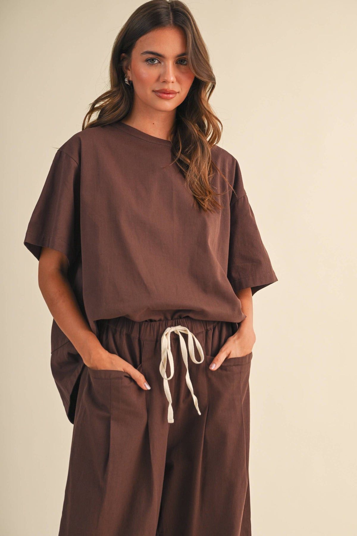 IST6073 RELAXED FIT TOP AND WIDE LEG CROPPED PANTS SET