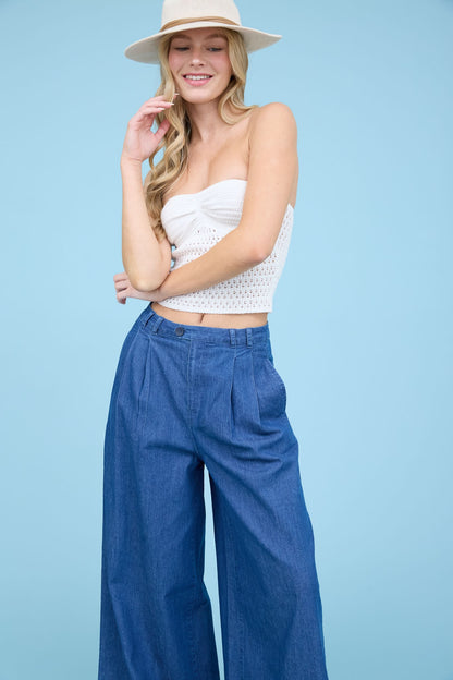 Pleated Wide Leg Chambray Pants