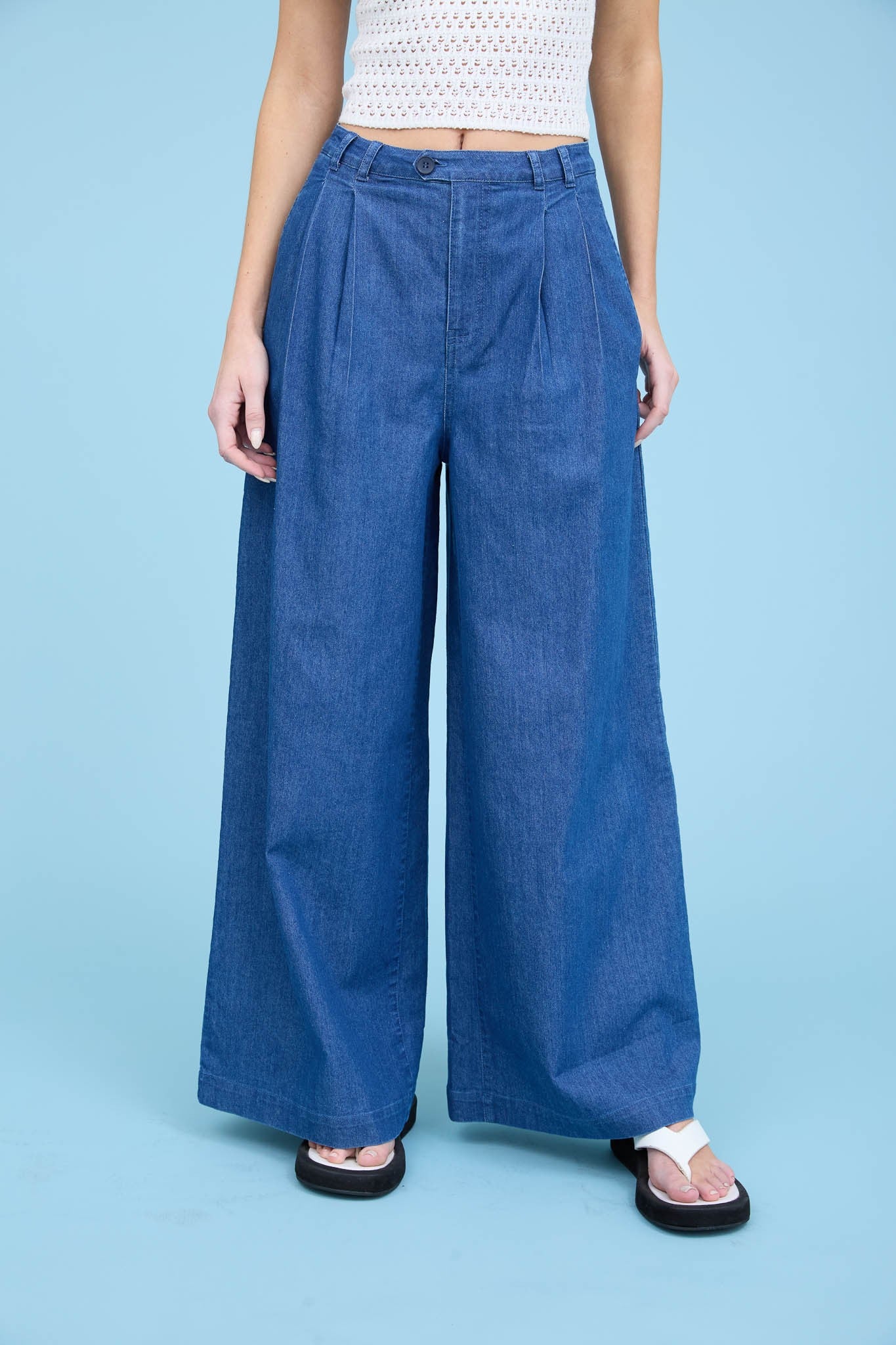 Pleated Wide Leg Chambray Pants