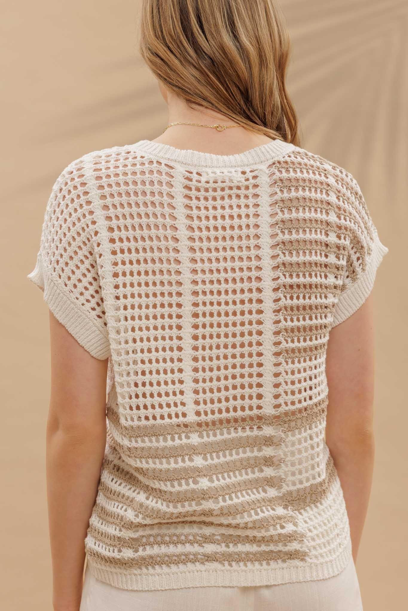 Multi Stripe Short Sleeve Sheer Crochet Knit Top
