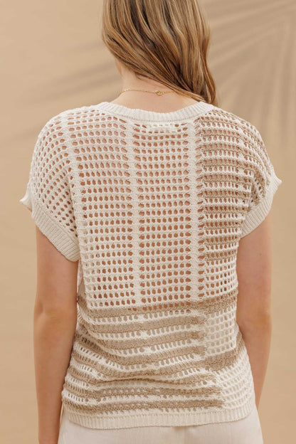 Multi Stripe Short Sleeve Sheer Crochet Knit Top