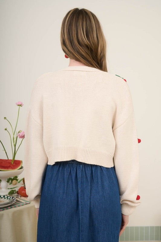 3d Cherry Detail Open Front Knit Cardigan
