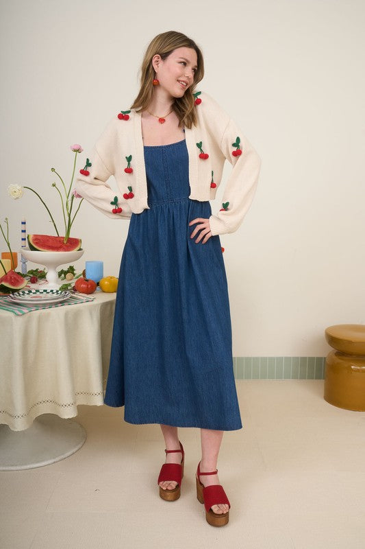 3d Cherry Detail Open Front Knit Cardigan