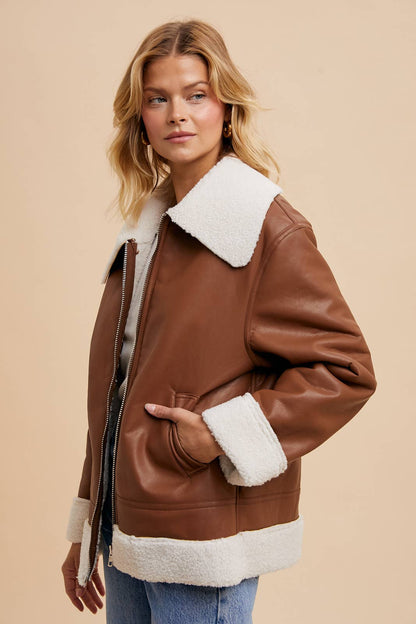 VEGAN FAUX LEATHER SHEARLING JACKET