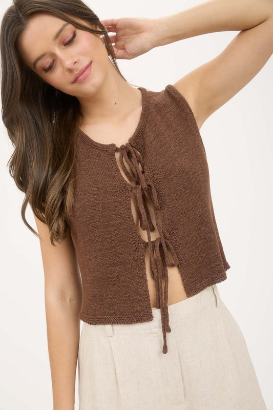 Front Tie Detail Sleeveless Knit Sweater Vest