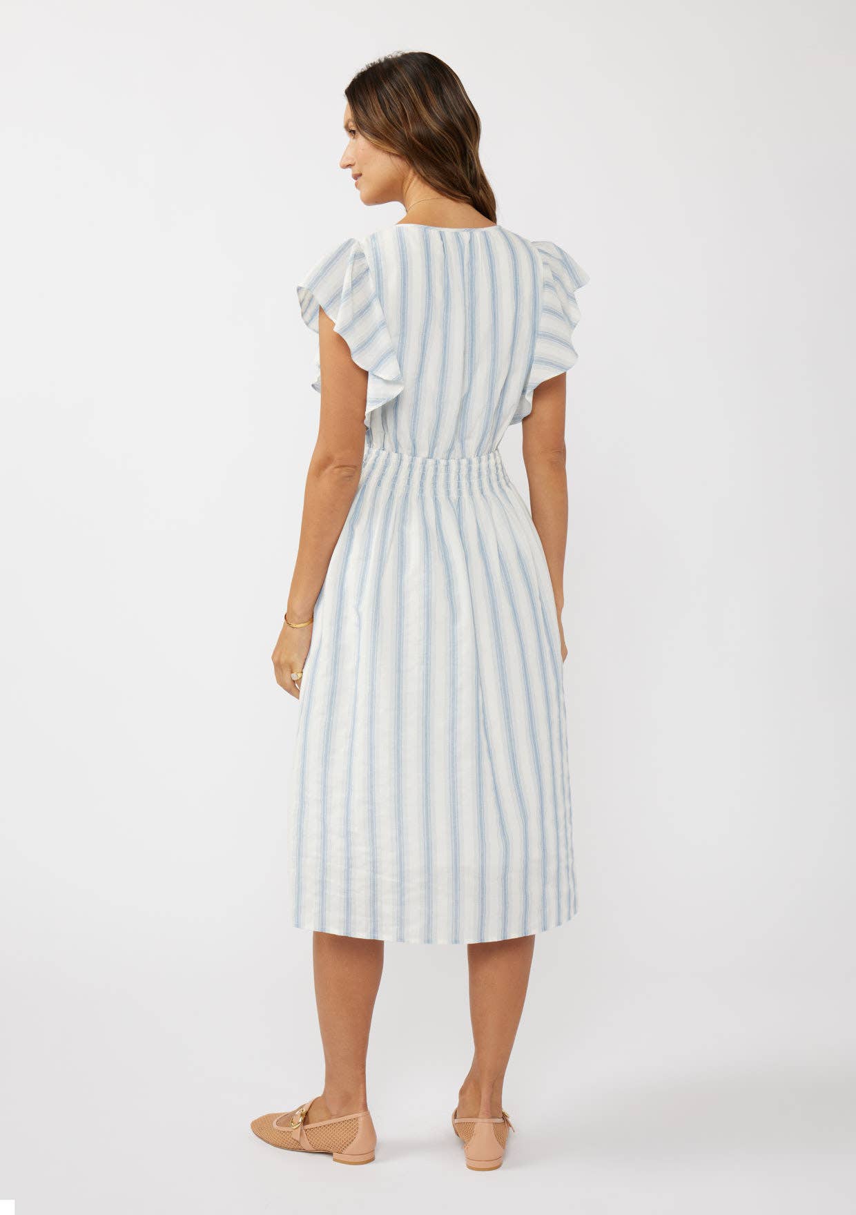 Ruffle Sleeve Split-Neck Smocked Waist Midi Dress