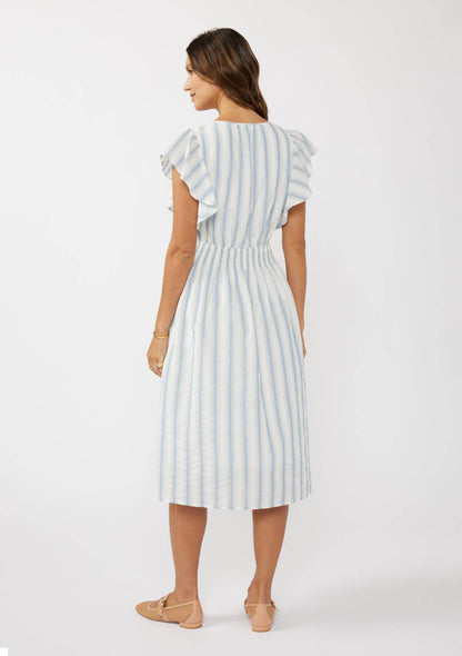 Ruffle Sleeve Split-Neck Smocked Waist Midi Dress