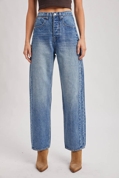 MEDIUM WASH DENIM HIGH-RISE STRAIGHT LEG PANTS JEANS