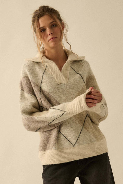 Argyle Plaid Knit Split-Neck Collared Sweater
