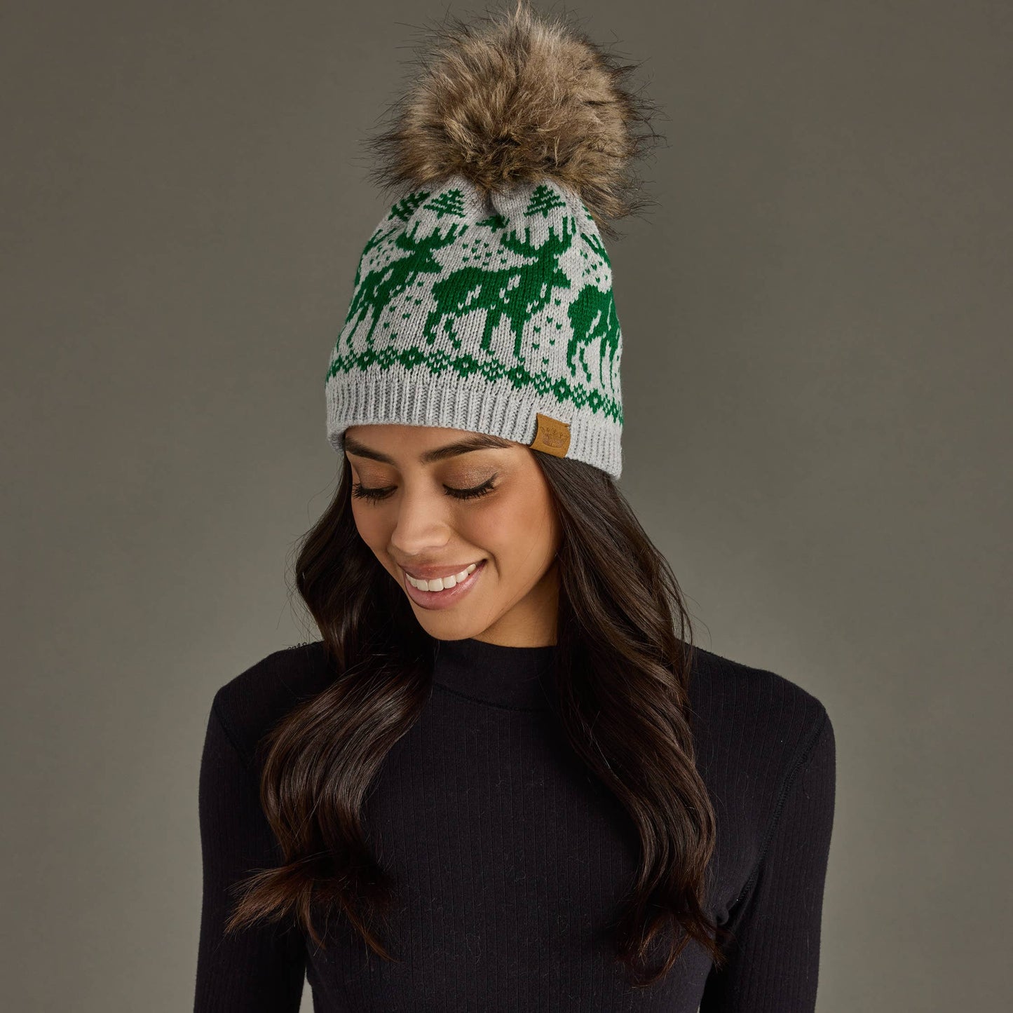 Lt. Gray & Green Reindeer Pom Hat