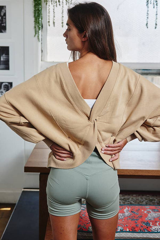 IT1365A Reversible Twist-Front Washed Terry Sweatshirt Top