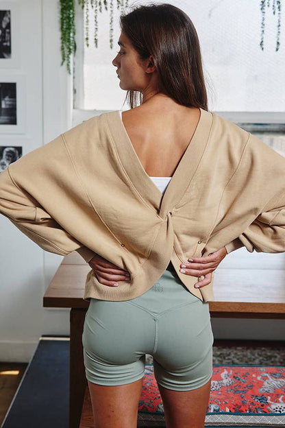 IT1365A Reversible Twist-Front Washed Terry Sweatshirt Top