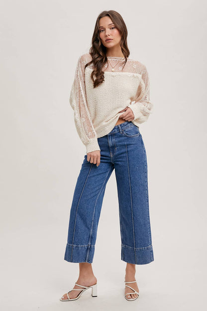 BOAT NECK LACE TRIMMED KNIT SWEATER PULLOVER