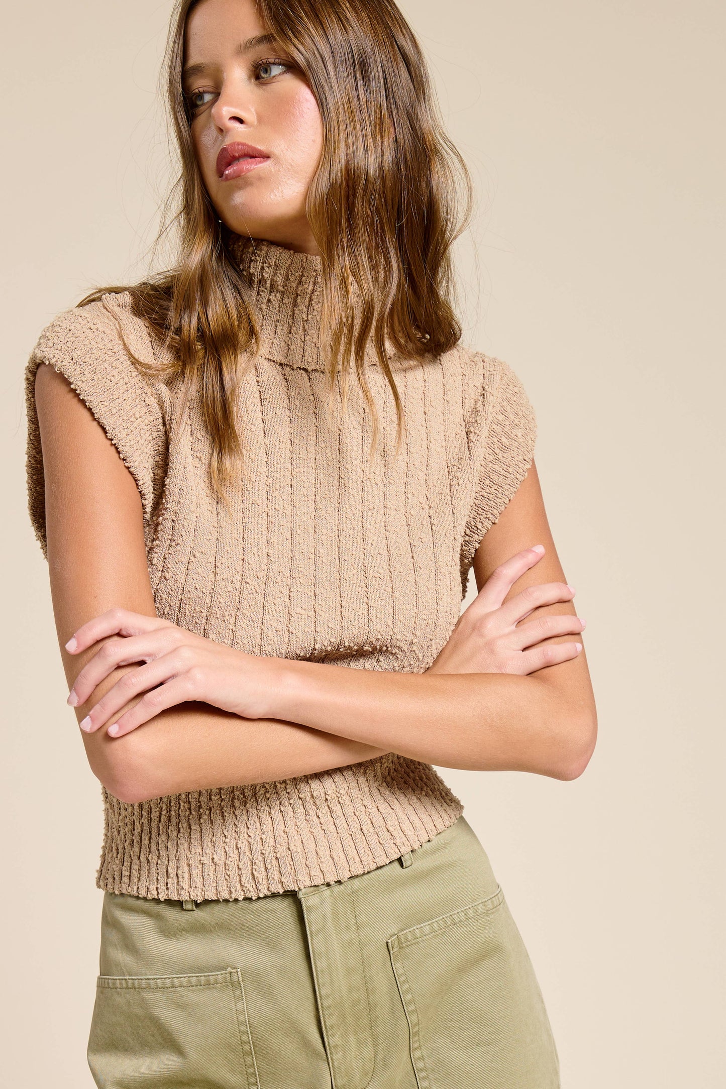 Sleeveless Ribbed Knit Turtleneck Sweater
