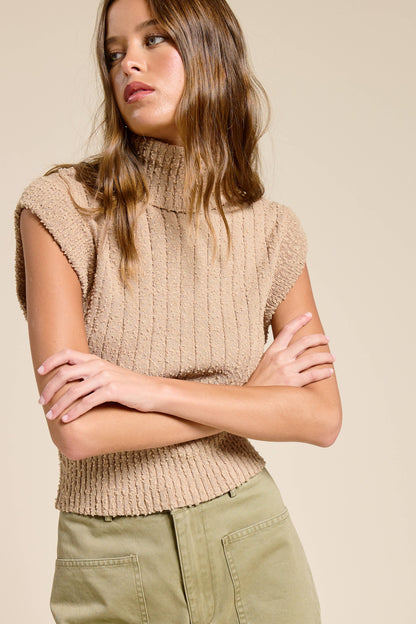 Sleeveless Ribbed Knit Turtleneck Sweater