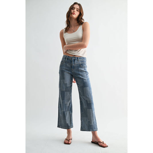 HIGH-RISE WIDE LEG ANKLE PATCH DENIM